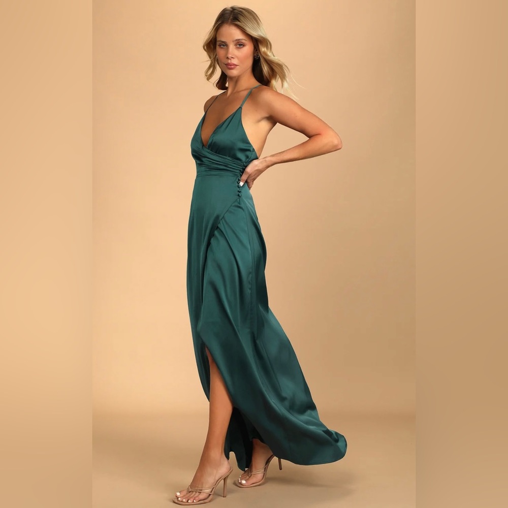 Lulu’s Outstanding Elegance Teal Green Satin Surplice Maxi Dress